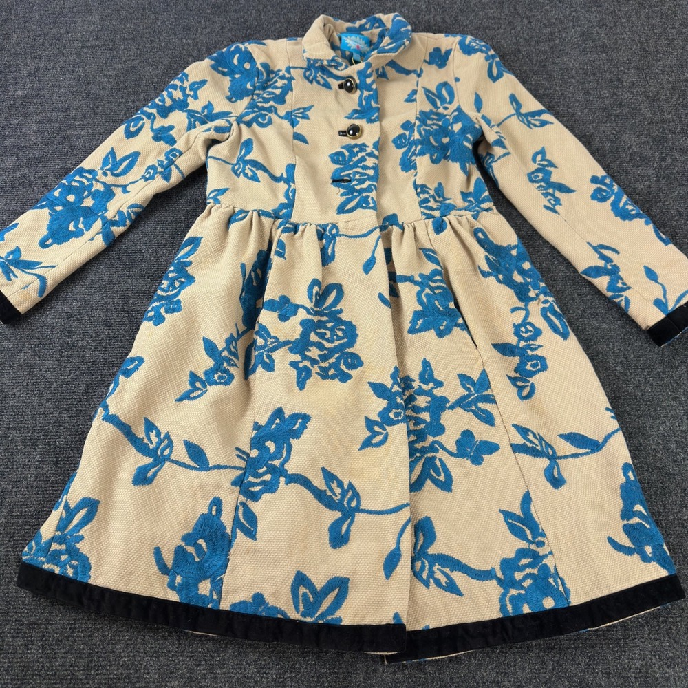 Plenty by Tracy Reese Blue Floral Embroidered Cotton Coat Tan Velvet Trim Size 2